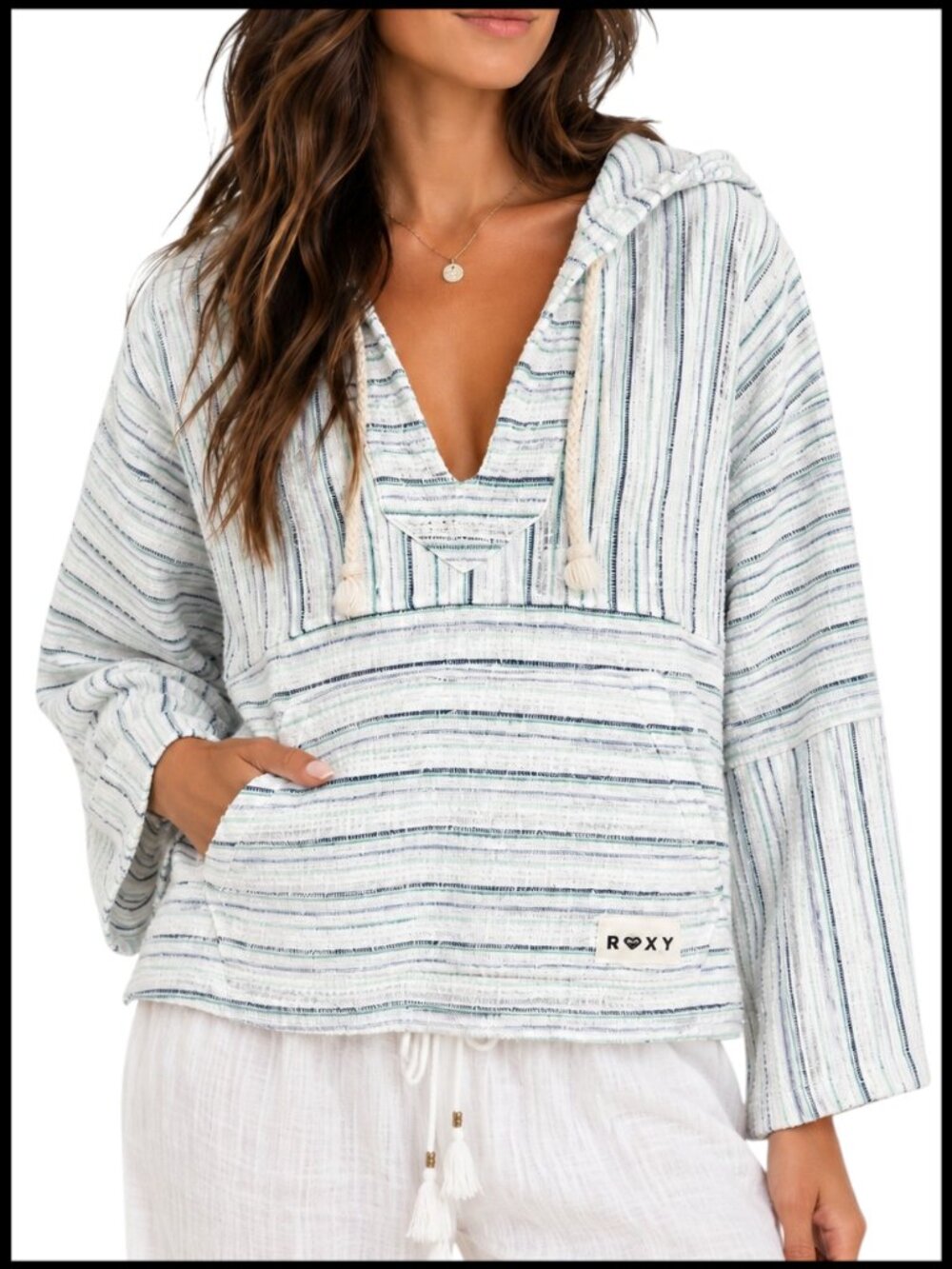 Roxy Coast Stripe Poncho Hoodie White Blue V Neck Pullover S